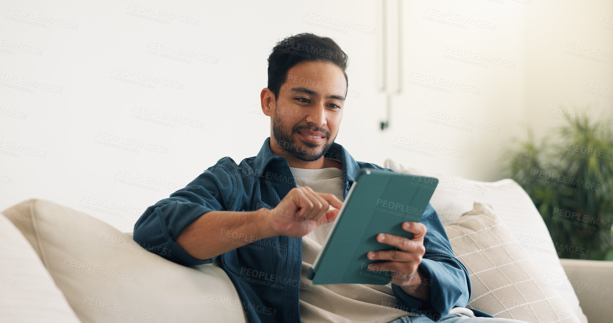 Buy stock photo Remote work, research or man in house with tablet, pitch review or email feedback in digital marketing. WFH, smile or brand advisor with tech, creative report or proposal draft on ad campaign.