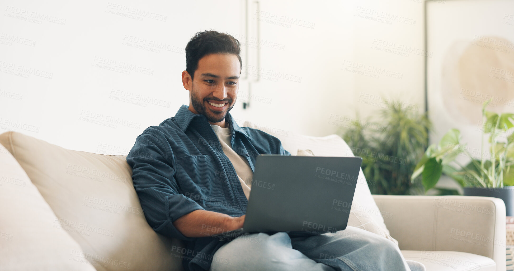 Buy stock photo Remote work, smile or man in home with laptop, pitch review or email feedback in digital marketing. WFH, happy or brand advisor with tech, report update or proposal draft on creative ad campaign.