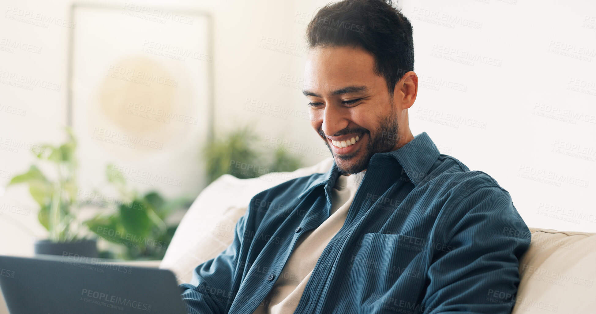 Buy stock photo Remote work, happy or man in home with laptop, pitch. research or positive feedback in digital marketing. WFH, smile or brand advisor with tech, report update or good news on creative ad campaign
