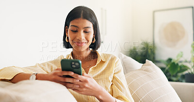 Buy stock photo Text, connection and woman in house with phone, online chat or post update on social media app. Reading, space or happy person with tech, message notification or communication on digital platform.