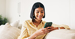 Messaging, connection and woman in house with phone, online chat or post update on social media app. Reading, space or happy person with tech, text notification or communication on digital platform.