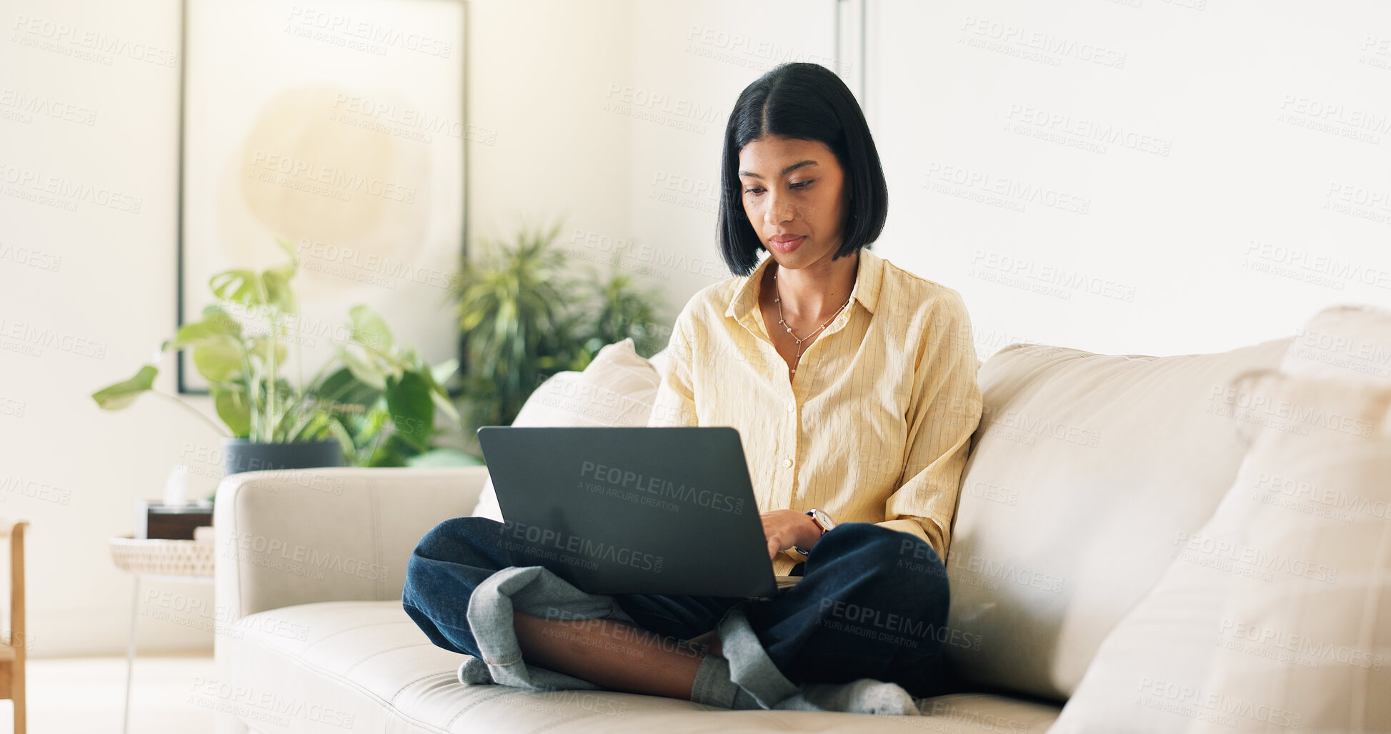 Buy stock photo Remote work, review or woman in home with laptop, pitch research or email feedback in digital marketing. WFH, space or brand advisor with tech, report update or proposal draft on creative ad campaign