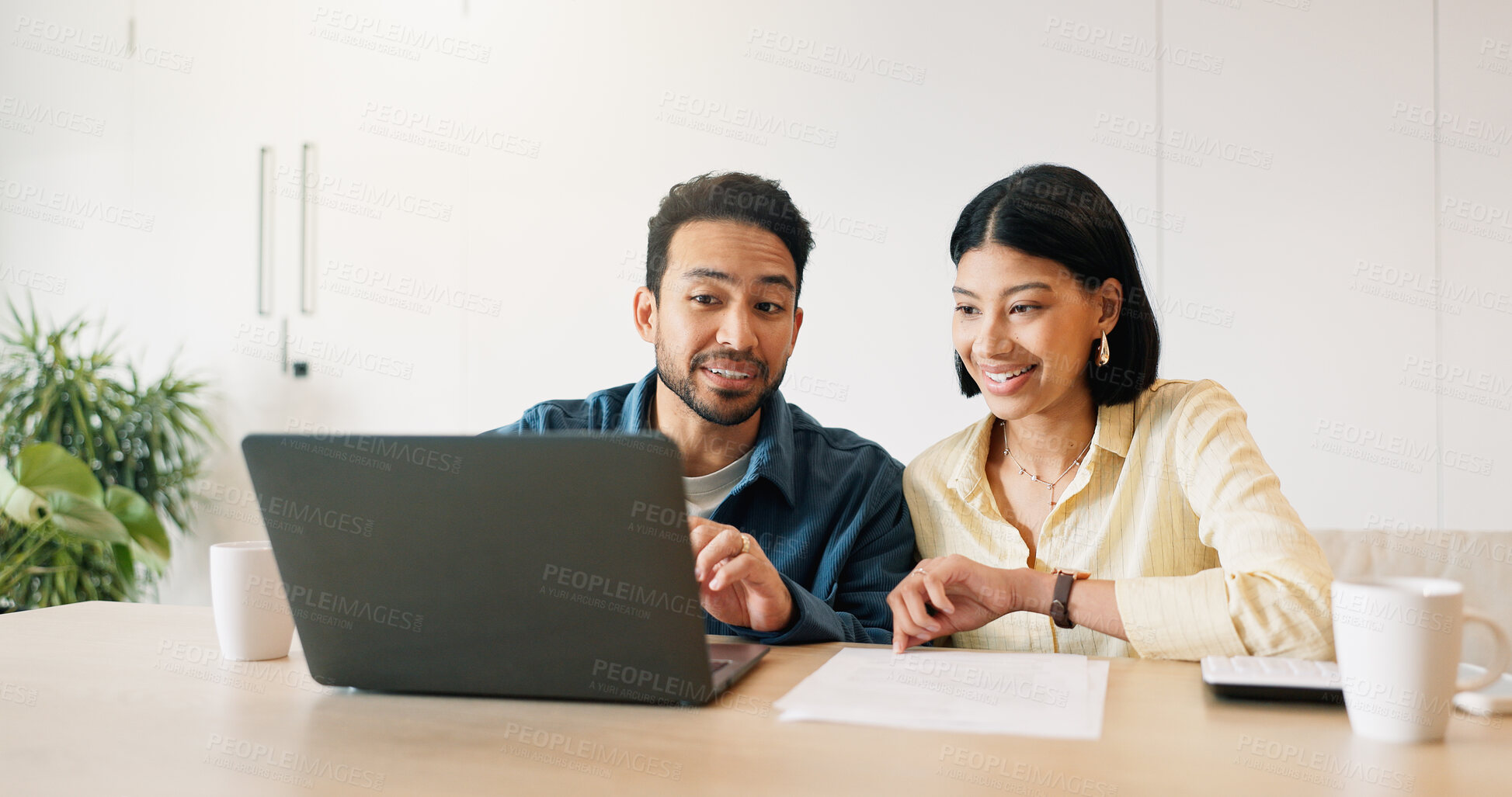 Buy stock photo Laptop, reading and couple in home for planning finance budget, savings or investment. Talk, happy and man with woman on computer with documents for paying bills, mortgage or debt free in apartment.