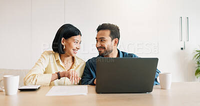 Buy stock photo Laptop, conversation and couple in home for planning finance budget, savings or investment. Happy, documents and man with woman on computer for paying bills, mortgage or debt free in apartment.