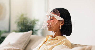 Buy stock photo Skincare, red light or woman with mask, facial benefits or beauty technology in home. Dermatology, anti aging or person with infrared skin treatment, collagen production or phototherapy in lounge.