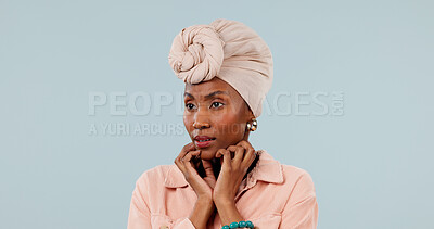 Buy stock photo Nervous, thinking and woman with stress, studio background or contemplating decision with brain fog. Mockup space, reflection and black person with anxiety, choice and remember memory with worry