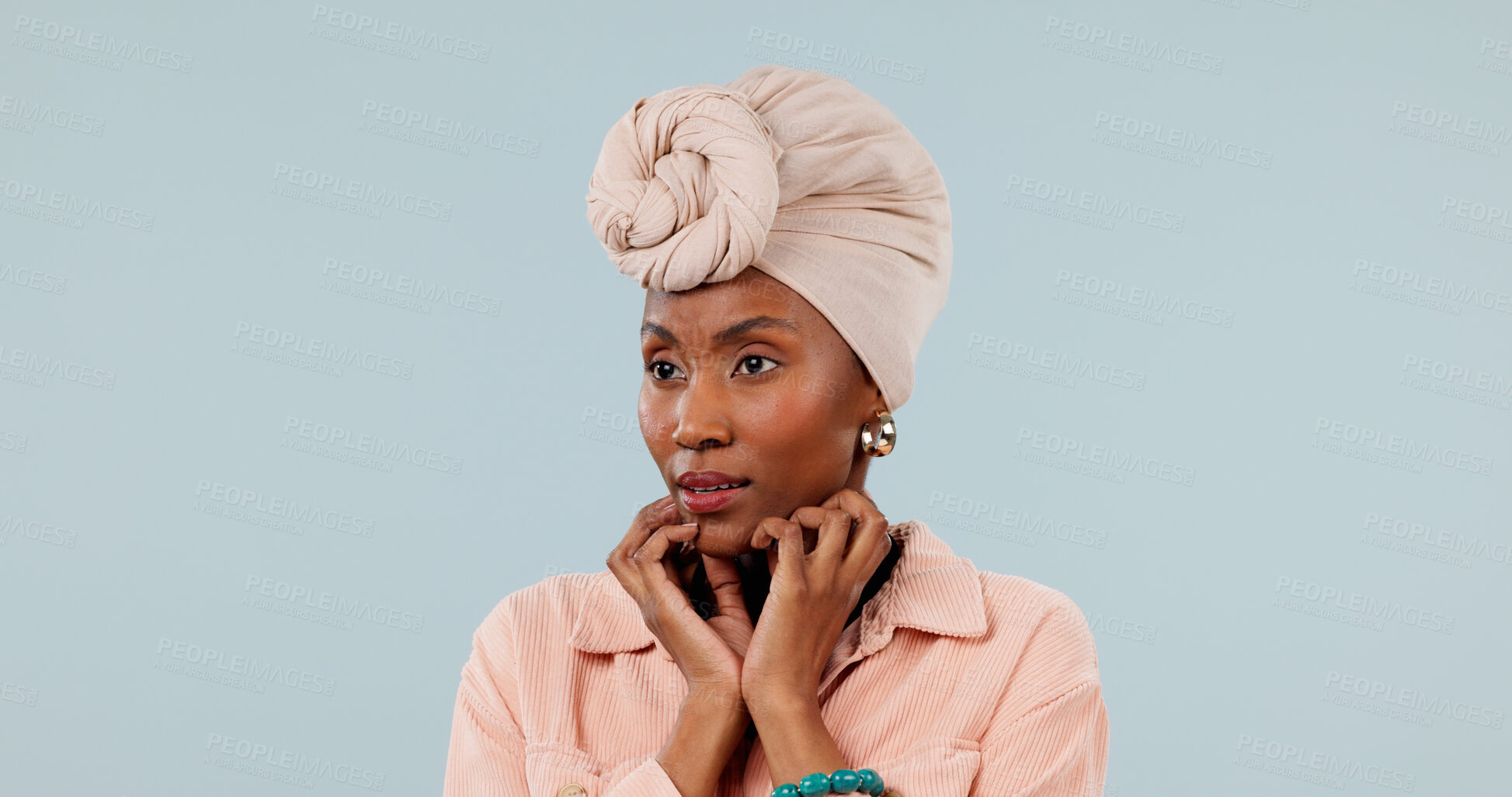 Buy stock photo Nervous, thinking and woman with stress, studio background or contemplating decision with brain fog. Mockup space, reflection and black person with anxiety, choice and remember memory with worry