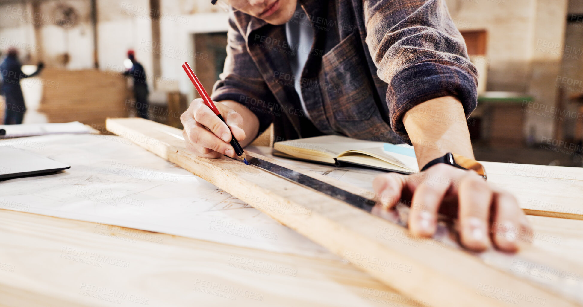 Buy stock photo Carpenter, measure and hands in workshop with wood for manufacturing, productivity and production. Man, ruler and warehouse with pencil for custom or handmade woodworking, workbench and timber