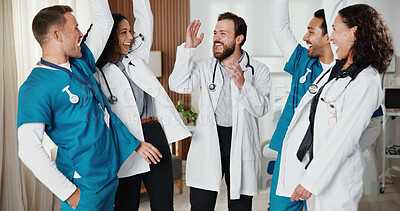 Buy stock photo Doctor, team and celebration for medical success, achievement or excited for clinic milestone. Happy people, healthcare and cheering for hospital target with doctors, nurses and wellness breakthrough
