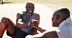 Handshake, fitness and relax with black people outdoor for workout partner, support and runner break. Training club, exercise rest and wellness with friends shaking hands in park for goal and bonding