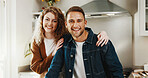 Happy, kitchen and portrait of couple in new home with bonding, love and property investment. Smile, real estate and man with woman in apartment with connection, safety or care in marriage together.