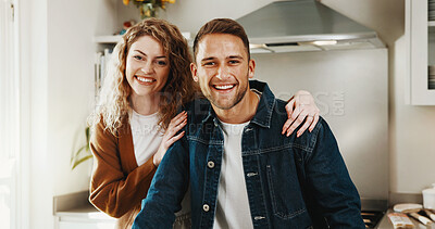 Buy stock photo Happy, kitchen and portrait of couple in home with bonding, love and commitment in relationship. Smile, relax and man with woman in apartment with connection, safety or care in marriage together.