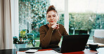 Portrait, laptop and smile with woman in home office for account payment, banking balance and tax. Online invoice, calculator and bookkeeping with person in apartment for investment research