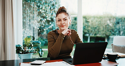 Buy stock photo Portrait, laptop and smile with woman in home office for account payment, banking balance and tax. Online invoice, calculator and bookkeeping with person in apartment for investment research