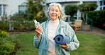 Water, yoga and portrait with old woman outdoor for fitness, hydration and spiritual wellness. Happy, retirement and pilates with senior person in backyard of house for peace, health and drink