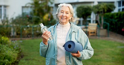 Buy stock photo Water, yoga and portrait with old woman outdoor for fitness, hydration and spiritual wellness. Happy, retirement and pilates with senior person in backyard of house for peace, health and drink