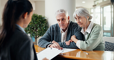 Buy stock photo Financial advisor, documents and senior couple in office with life insurance policy for survey. Talking, paperwork and accountant with elderly man and woman for planning retirement or pension funds.