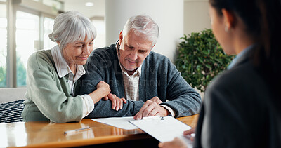 Buy stock photo Financial advisor, paperwork and senior couple in office with life insurance policy for survey. Talking, documents and accountant with elderly man and woman for planning retirement or pension funds.