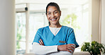 Crossed arms, woman and face of nurse in hospital with confidence for career in medical service. Happy, about us and portrait of Asian healthcare worker with pride for support opportunity in clinic.