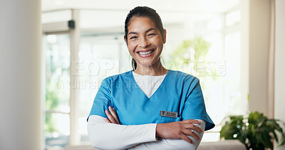 Buy stock photo Crossed arms, woman and portrait of nurse in hospital with confidence for career in medical service. Happy, professional and Asian healthcare worker with pride for about us with opportunity in clinic