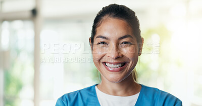 Buy stock photo Happy, woman and portrait of nurse in hospital with confidence for career in medical service. Smile, professional and Asian healthcare worker with pride for about us with opportunity in clinic.