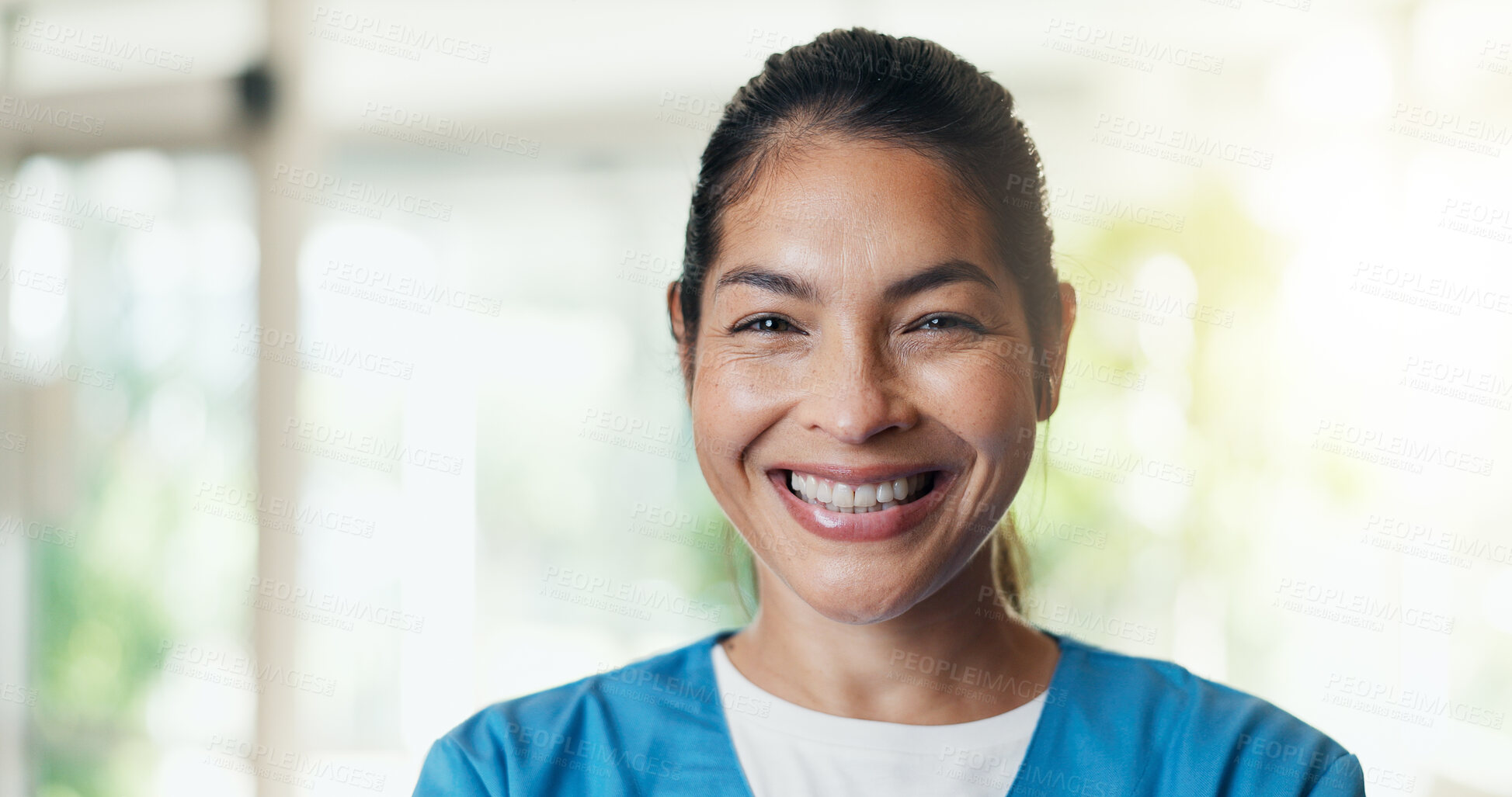 Buy stock photo Happy, woman and portrait of nurse in hospital with confidence for career in medical service. Smile, professional and Asian healthcare worker with pride for about us with opportunity in clinic.
