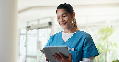 Buy stock photo Tablet, woman and nurse in hospital with research for patient information, schedule or telehealth. Digital technology, appointment and Asian healthcare worker on app for medical service in clinic.