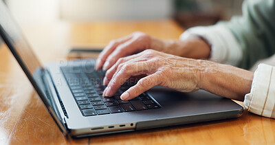 Buy stock photo Hands, old woman and typing at house with laptop, research and finance report for online banking. Senior person, audit and pc in lounge for loan application, retirement benefits and financial funding