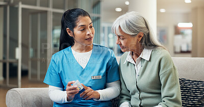 Buy stock photo Nurse, talk and old woman in hospital with pills, medical instructions and recommendation for health. Senior person, healthcare worker and medicine in clinic with prescription, drugs and discussion.