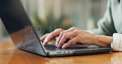 Buy stock photo Hands, woman and typing at house with laptop, research and finance report for retirement. Senior person, email and pc in home for loan application, pension registration and web for financial funding
