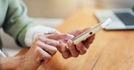 Hands, scroll and old woman in home with phone, retirement plan and AI chatbot on insurance website. Senior person, typing and tech in house with browsing, internet and mobile app for policy cover.