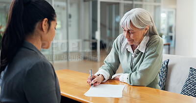 Buy stock photo Paperwork, signature and old woman in office with insurance agent, application or legal consent form. Broker, senior person and sign document in consultation for policy cover, terms and conditions.