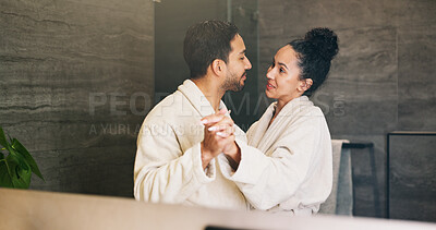 Buy stock photo Dance, mirror and couple together in bathroom of home for bonding, love or morning routine. Anniversary, reflection and rhythm for happy people in apartment for hygiene, support and wellness or smile
