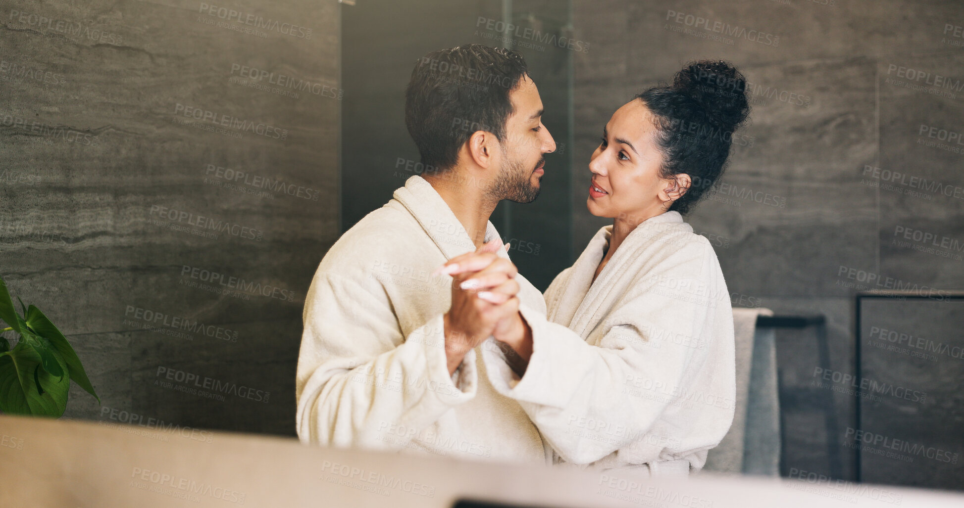 Buy stock photo Dance, mirror and couple together in bathroom of home for bonding, love or morning routine. Anniversary, reflection and rhythm for happy people in apartment for hygiene, support and wellness or smile