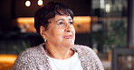 Thinking, smile and senior woman in home with reflection, remember or memory on retirement. Happy, relax and elderly person in living room with nostalgia, decision or choice on pension in house.