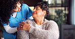 Holding hands, conversation and nurse with senior woman in retirement home for medical checkup. Comfort, support and caregiver with elderly patient for healthcare service at consultation in house.