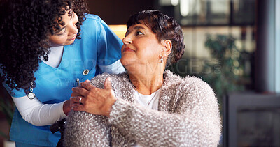 Buy stock photo Holding hands, conversation and nurse with senior woman in retirement home for medical checkup. Comfort, support and caregiver with elderly patient for healthcare service at consultation in house.