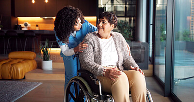 Buy stock photo Home, caregiver and senior woman with wheelchair, medical assistance or happy for rehabilitation. Nurse, smile and person with disability, stroke recovery or healthcare for pensioner healing in house