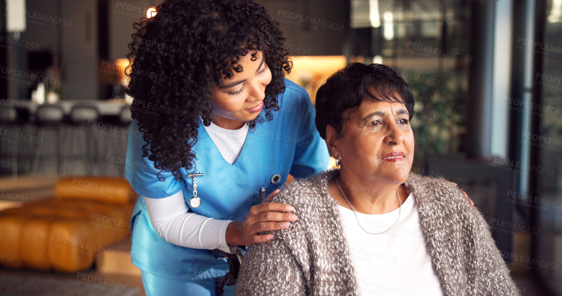 Buy stock photo Thinking, checkup and nurse with senior woman in home with reflection, remember or memory. Consultation, nostalgia and caregiver with elderly person for decision with support in healthcare service.