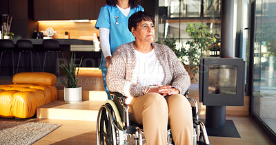 Buy stock photo Home, nurse and senior woman with wheelchair, medical assistance and rehabilitation for wellness. Caregiver, help and person with disability, healing and healthcare for pensioner recovery in house.