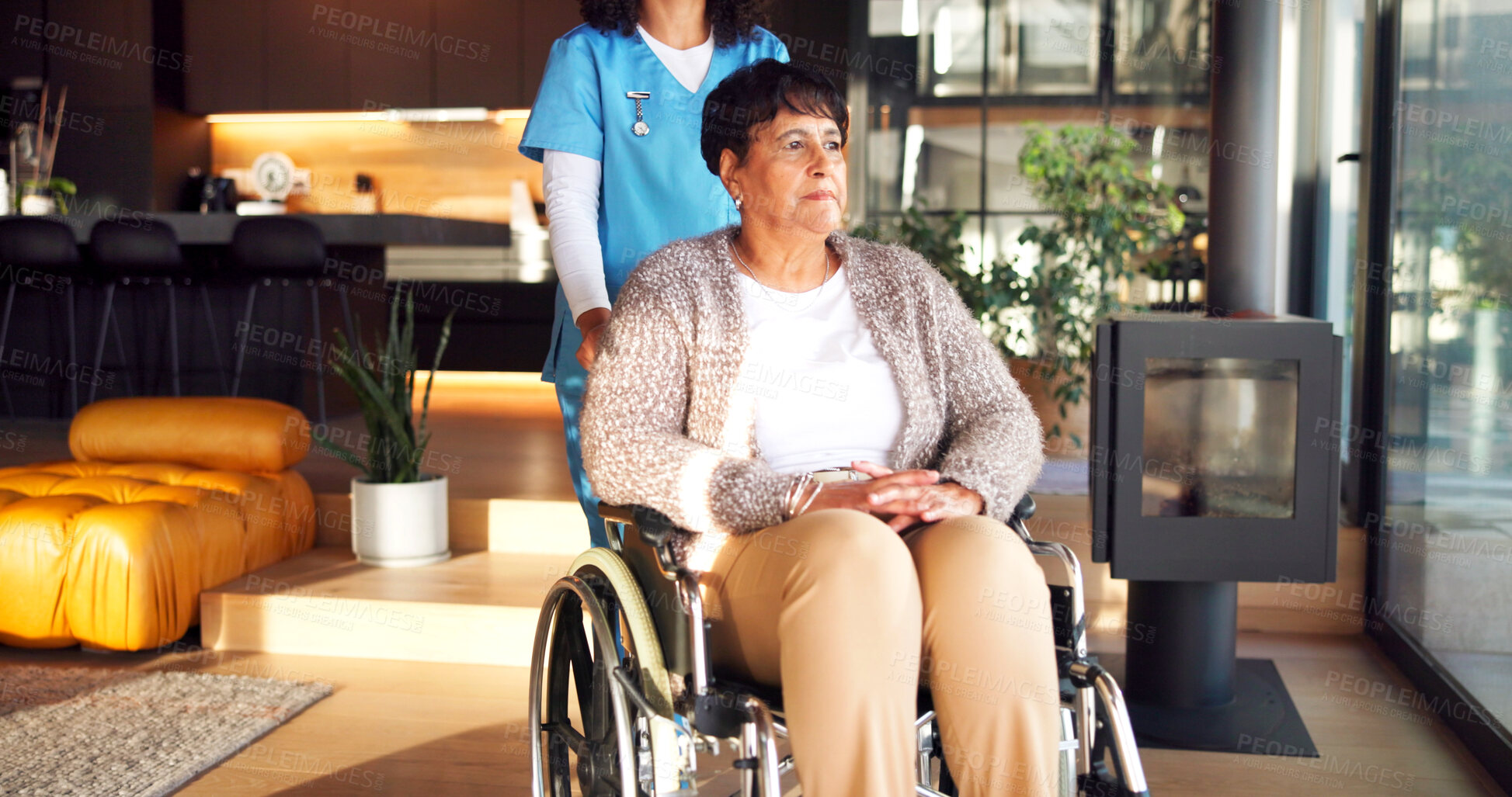 Buy stock photo Home, nurse and senior woman with wheelchair, medical assistance and rehabilitation for wellness. Caregiver, help and person with disability, healing and healthcare for pensioner recovery in house.