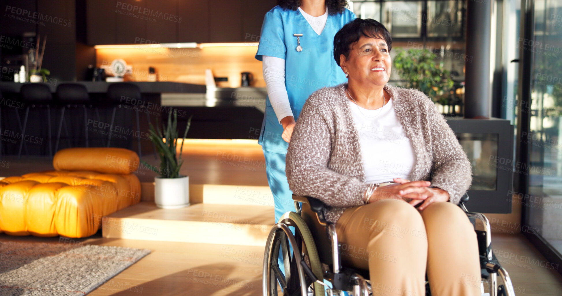 Buy stock photo Caregiver, support and old woman in home with wheelchair, smile and medical treatment for rehabilitation. Nurse, help and push happy senior person with disability, healthcare and injury recovery.