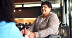 House, wheelchair and old woman holding hands with nurse, help and advice for stroke rehabilitation. Caregiver, support and senior person with disability, healing and medical aid for healthcare.