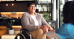 Home, wheelchair and old woman holding hands with nurse, advice and happy with stroke rehabilitation. Caregiver, support and senior person with disability, healing and medical help for healthcare.