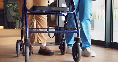 Buy stock photo Legs, physiotherapy and walker with people in clinic together for balance or stability. Healthcare, rehabilitation and walking frame on wheels for exercise or recovery of patient in wellness session