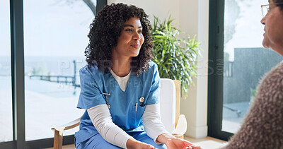 Buy stock photo Holding hands, smile and nurse with senior woman in retirement home for medical checkup. Comfort, conversation and caregiver with elderly patient for healthcare service at consultation in house.