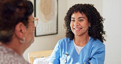 Buy stock photo Caregiver, smile and senior woman in retirement home with help, healthcare and good news for wellness. Happy, pensioner and person in living room with nurse, medical support and positive feedback.