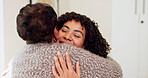 Hug, happy and nurse with senior woman in nursing home with bonding, support or comfort at checkup. Smile, healthcare service and caregiver embracing elderly patient for good news at consultation.