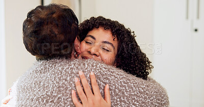Buy stock photo Hug, happy and nurse with senior woman in nursing home with bonding, support or comfort at checkup. Smile, healthcare service and caregiver embracing elderly patient for good news at consultation.