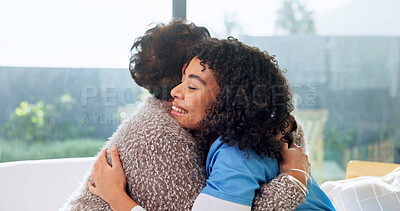 Buy stock photo Hug, checkup and nurse with senior woman in nursing home with bonding, support or comfort at consultation. Smile, healthcare service and caregiver embracing elderly patient for good news on treatment
